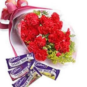 Bunch of 12 Red Carnations with 4 Dairy Milk Chocolates
